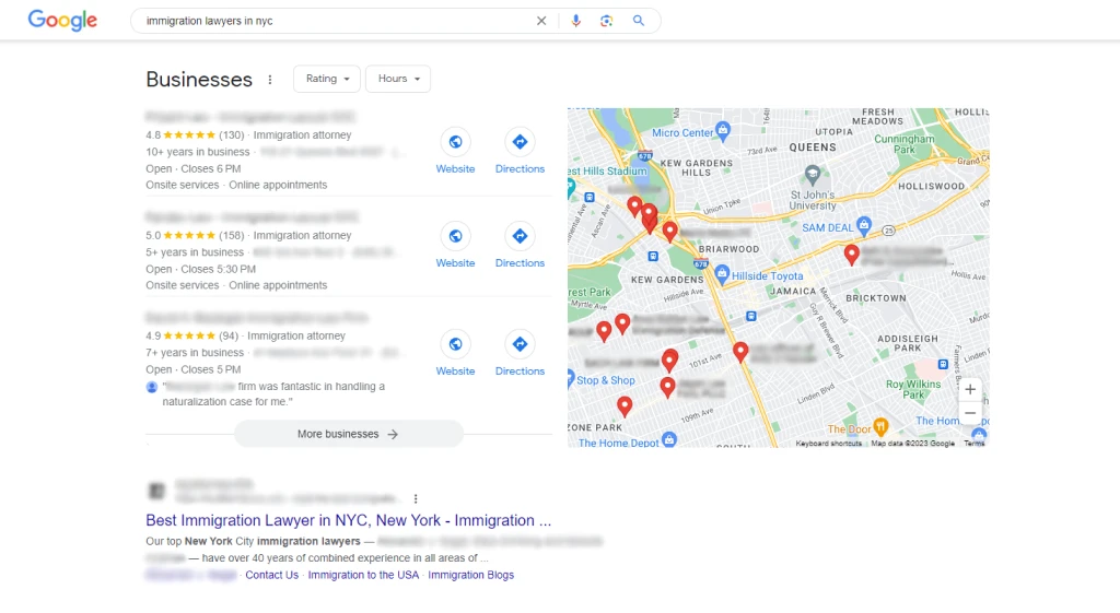 NYC search results with a map