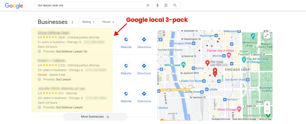 Google local three-pack for DUI attorneys