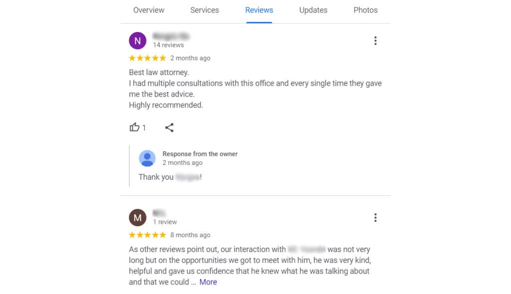 Positive reviews about an immigration lawyer from Google