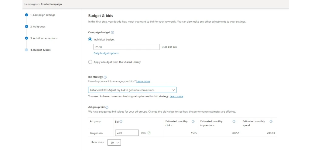 Bing Ads budget
