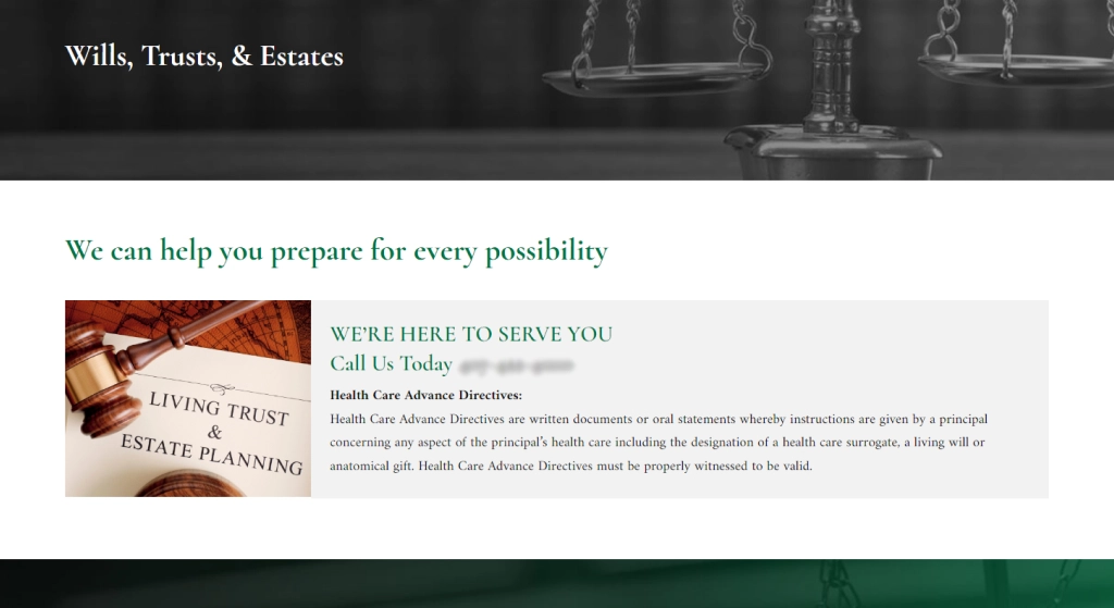 An example of an estate planning attorney landing page