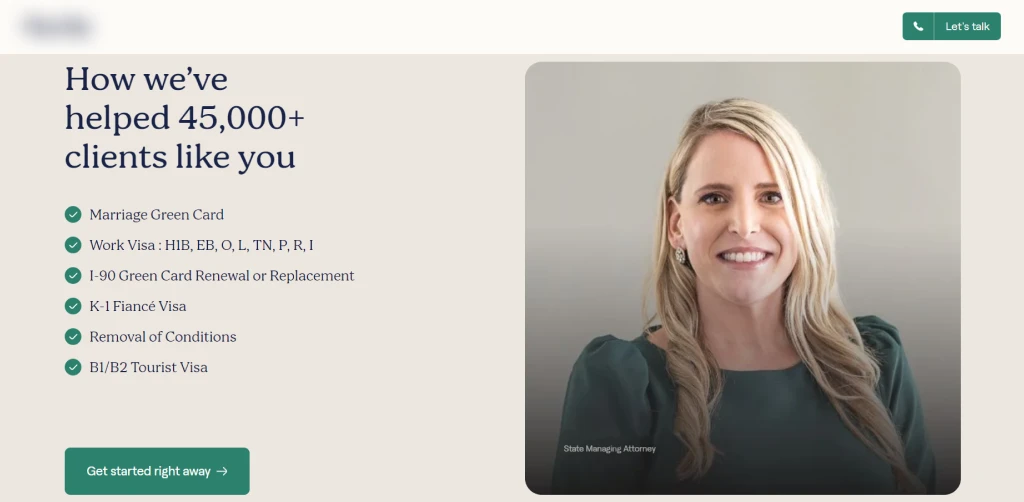 An example of an appealing immigration lawer landing page