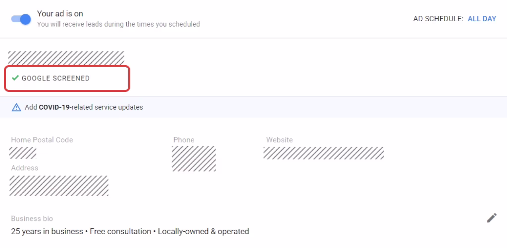 Google screened LSA account