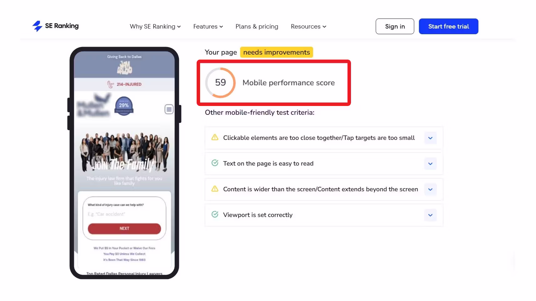 SE Ranking’s mobile test