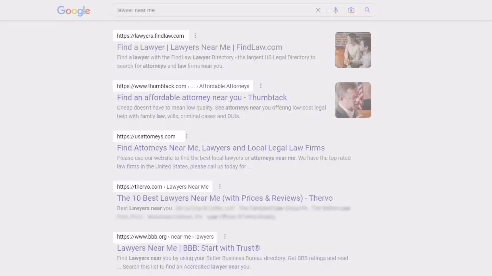 Google search results for "lawyer near me" led by legal directories
