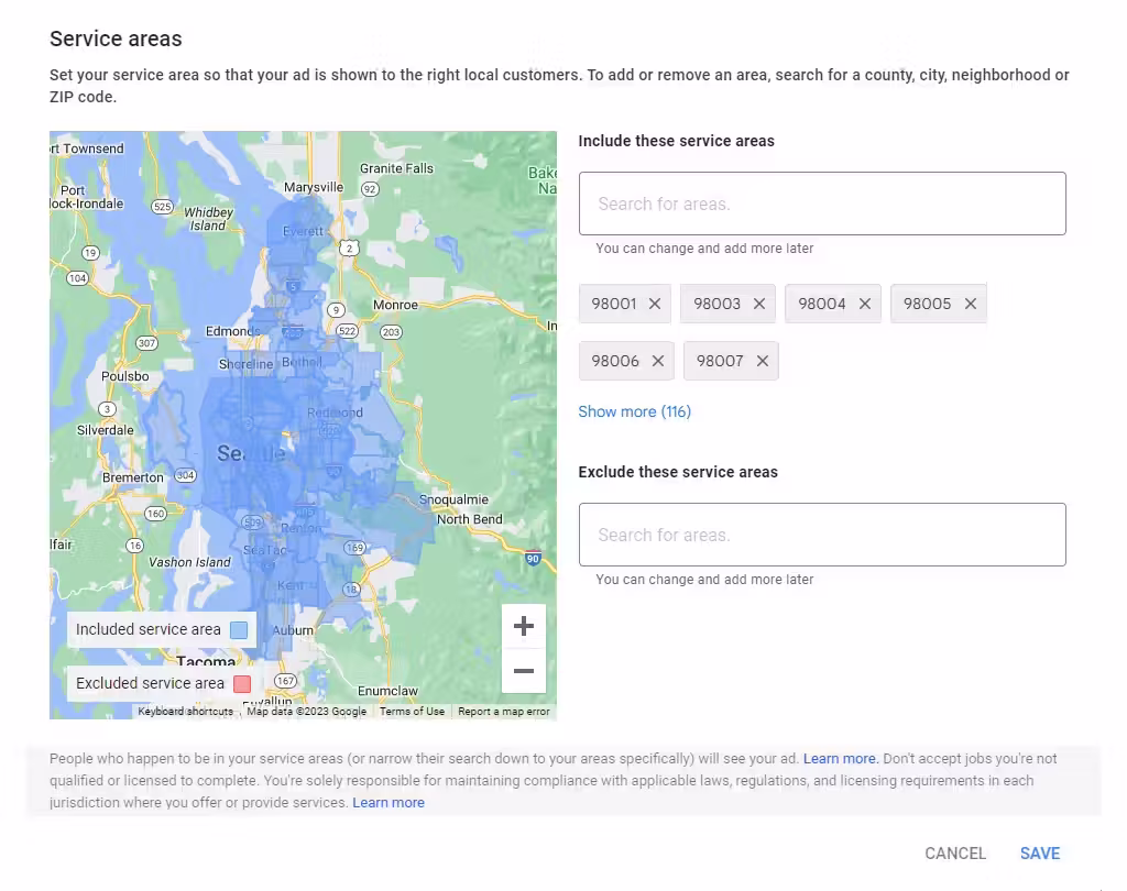 location settings in Google Local Services Ads