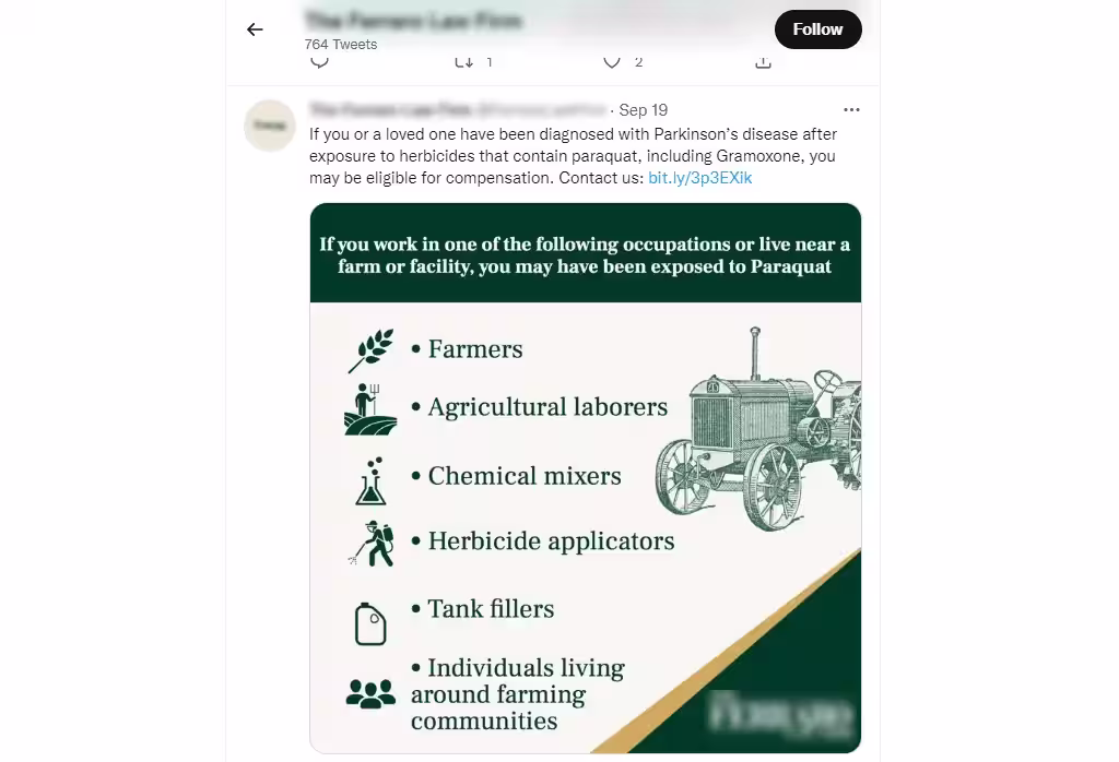 Law firm tweet about Paraquat exposure with a graphic of at-risk occupations