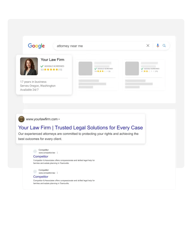 Google local results and a search listing for a law firm