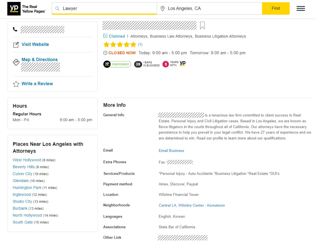 A proile on Yellow Pages