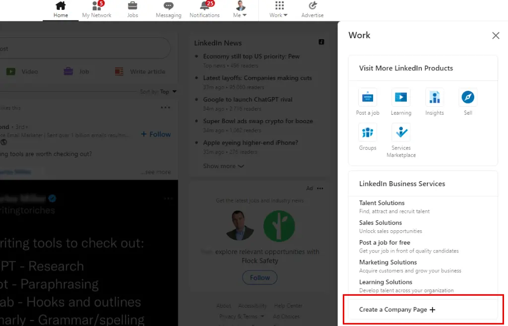 Create your page on Linkedin