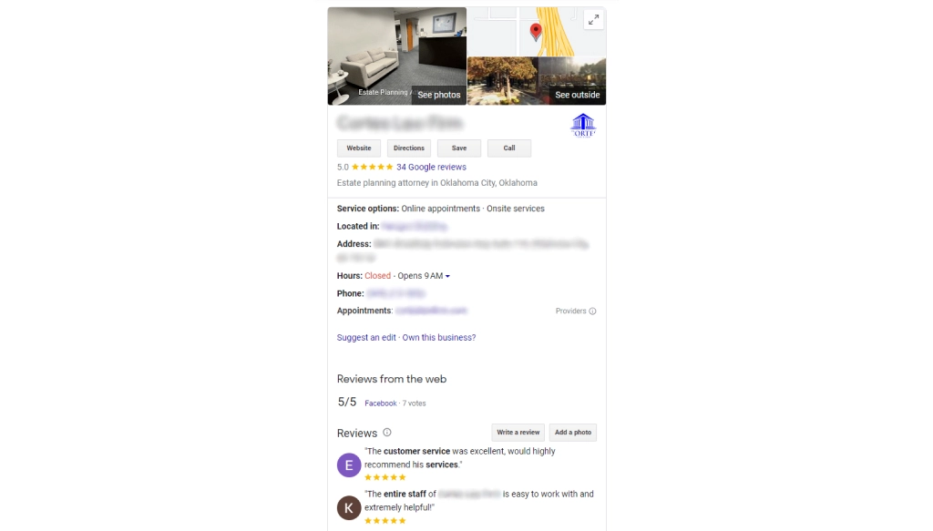 An estate planning attorney Google Business Profile
