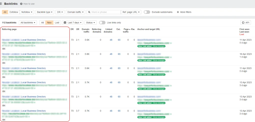 An example of backlinks from Ahrefs