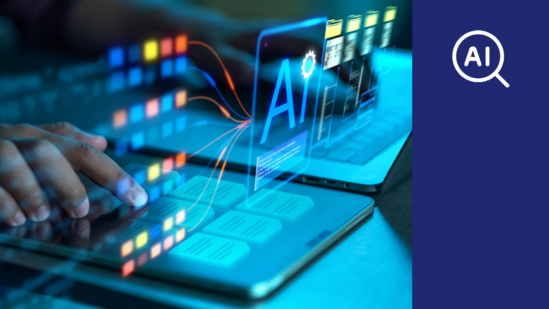 A hand on a tablet with glowing AI documents above a laptop